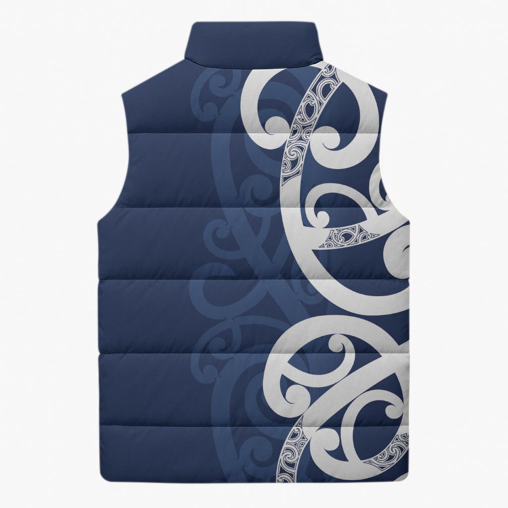 New Zealand Maori Mo Bros Sleeveless Puffer Jacket Blue Ribbon With Koru Kowhaiwhai