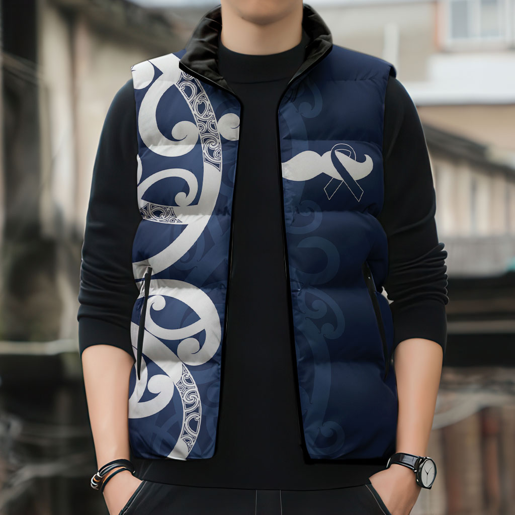 New Zealand Maori Mo Bros Sleeveless Puffer Jacket Blue Ribbon With Koru Kowhaiwhai