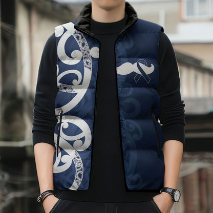 New Zealand Maori Mo Bros Sleeveless Puffer Jacket Blue Ribbon With Koru Kowhaiwhai