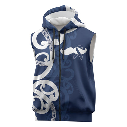New Zealand Maori Mo Bros Sleeveless Zip Hoodie Blue Ribbon With Koru Kowhaiwhai