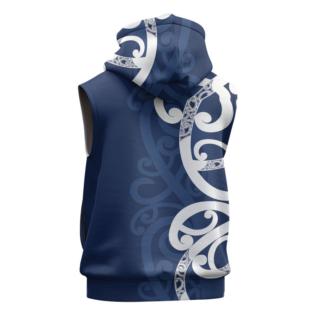 New Zealand Maori Mo Bros Sleeveless Zip Hoodie Blue Ribbon With Koru Kowhaiwhai