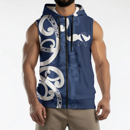 New Zealand Maori Mo Bros Sleeveless Zip Hoodie Blue Ribbon With Koru Kowhaiwhai