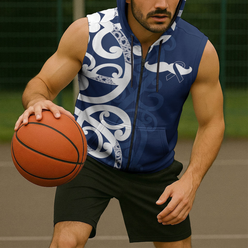 New Zealand Maori Mo Bros Sleeveless Zip Hoodie Blue Ribbon With Koru Kowhaiwhai