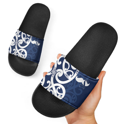 New Zealand Maori Mo Bros Slide Sandals Blue Ribbon With Koru Kowhaiwhai