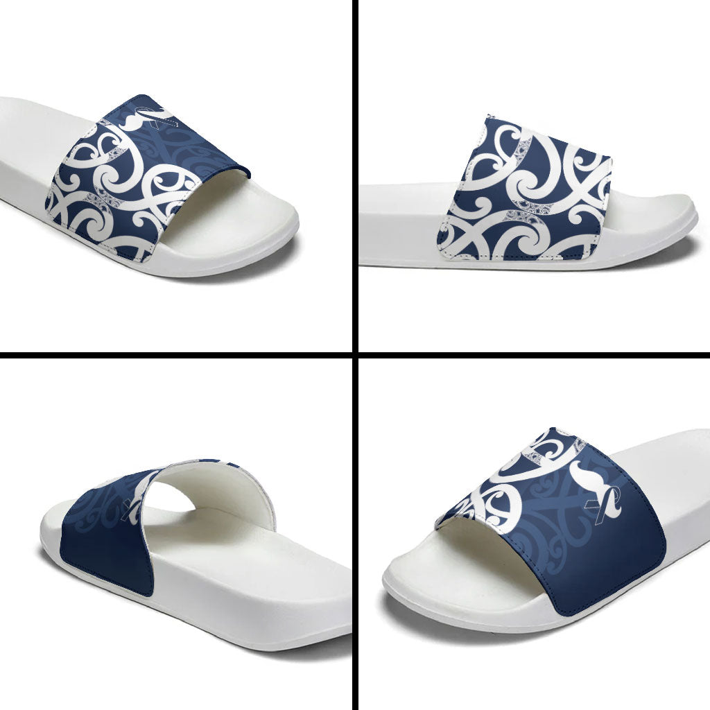 New Zealand Maori Mo Bros Slide Sandals Blue Ribbon With Koru Kowhaiwhai