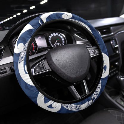 New Zealand Maori Mo Bros Steering Wheel Cover Blue Ribbon With Koru Kowhaiwhai