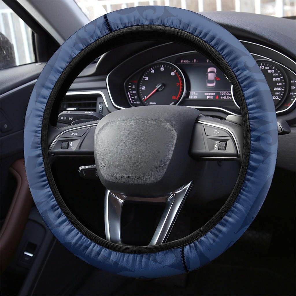 New Zealand Maori Mo Bros Steering Wheel Cover Blue Ribbon With Koru Kowhaiwhai