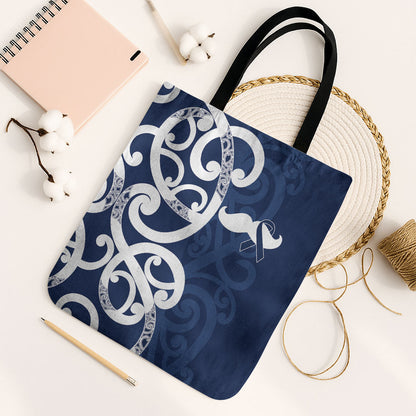 New Zealand Maori Mo Bros Tote Bag Blue Ribbon With Koru Kowhaiwhai