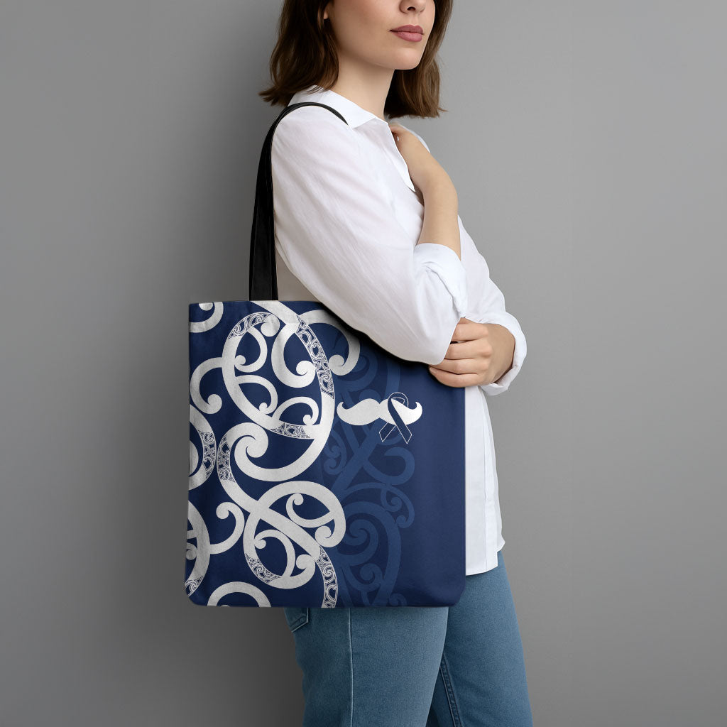 New Zealand Maori Mo Bros Tote Bag Blue Ribbon With Koru Kowhaiwhai