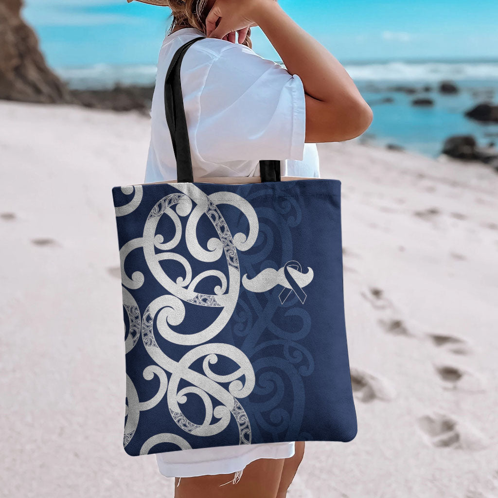 New Zealand Maori Mo Bros Tote Bag Blue Ribbon With Koru Kowhaiwhai