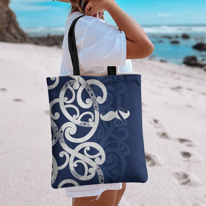 New Zealand Maori Mo Bros Tote Bag Blue Ribbon With Koru Kowhaiwhai