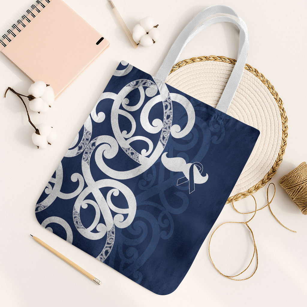 New Zealand Maori Mo Bros Tote Bag Blue Ribbon With Koru Kowhaiwhai