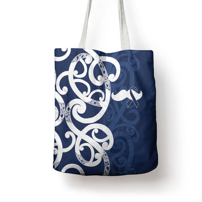 New Zealand Maori Mo Bros Tote Bag Blue Ribbon With Koru Kowhaiwhai