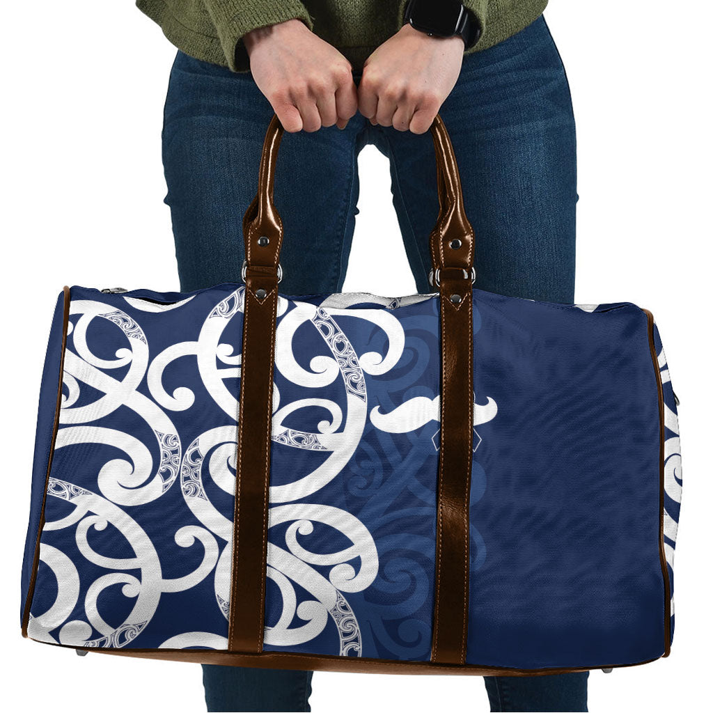 New Zealand Maori Mo Bros Travel Bag Blue Ribbon With Koru Kowhaiwhai