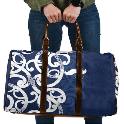 New Zealand Maori Mo Bros Travel Bag Blue Ribbon With Koru Kowhaiwhai