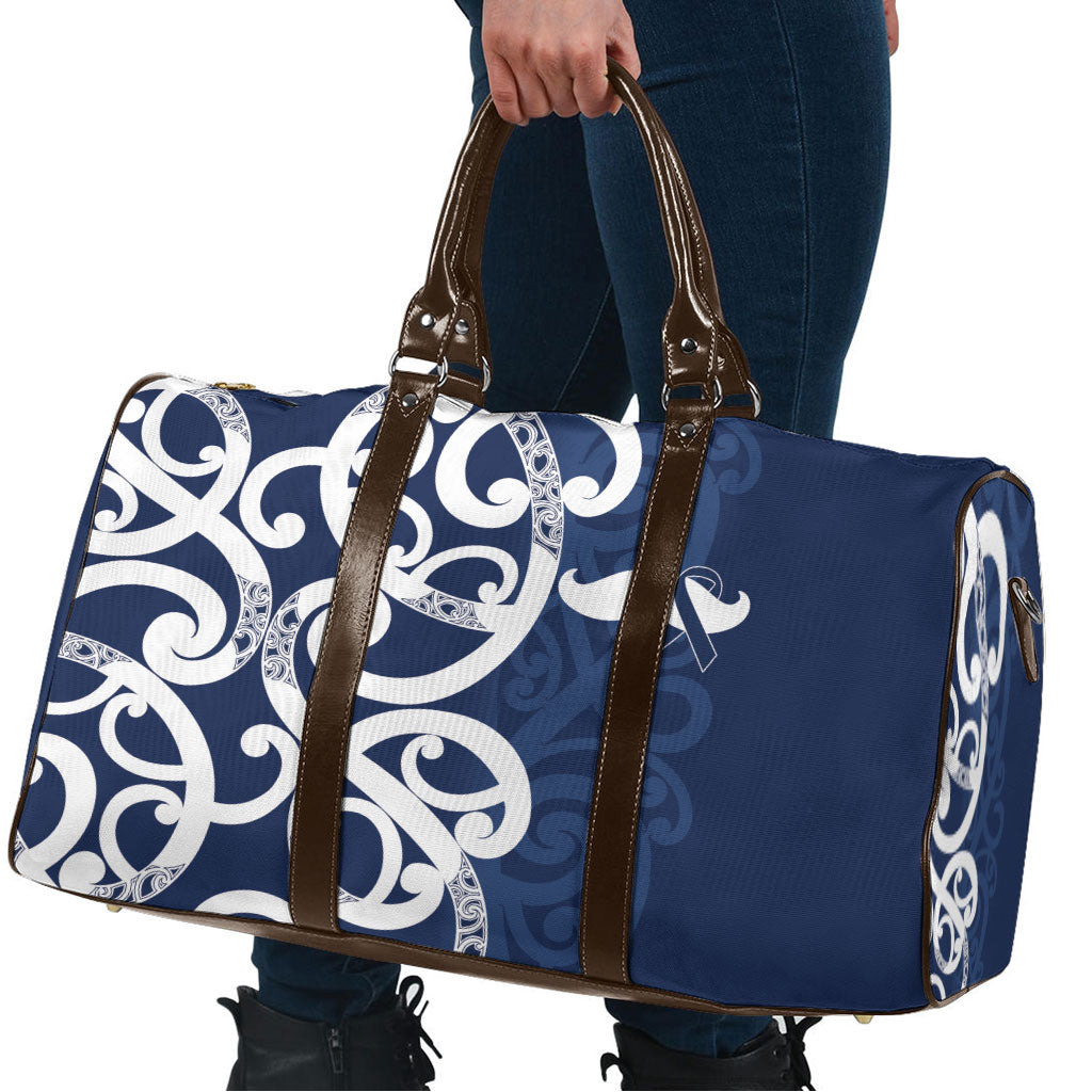 New Zealand Maori Mo Bros Travel Bag Blue Ribbon With Koru Kowhaiwhai