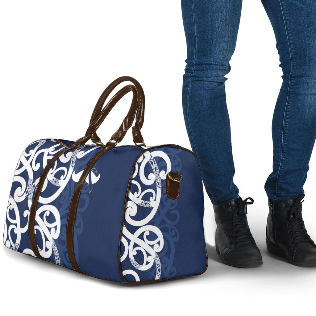 New Zealand Maori Mo Bros Travel Bag Blue Ribbon With Koru Kowhaiwhai