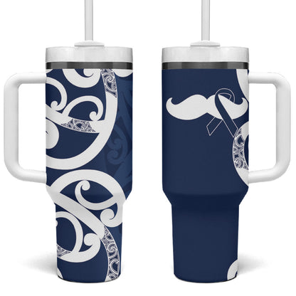 New Zealand Maori Mo Bros Tumbler With Handle Blue Ribbon With Koru Kowhaiwhai