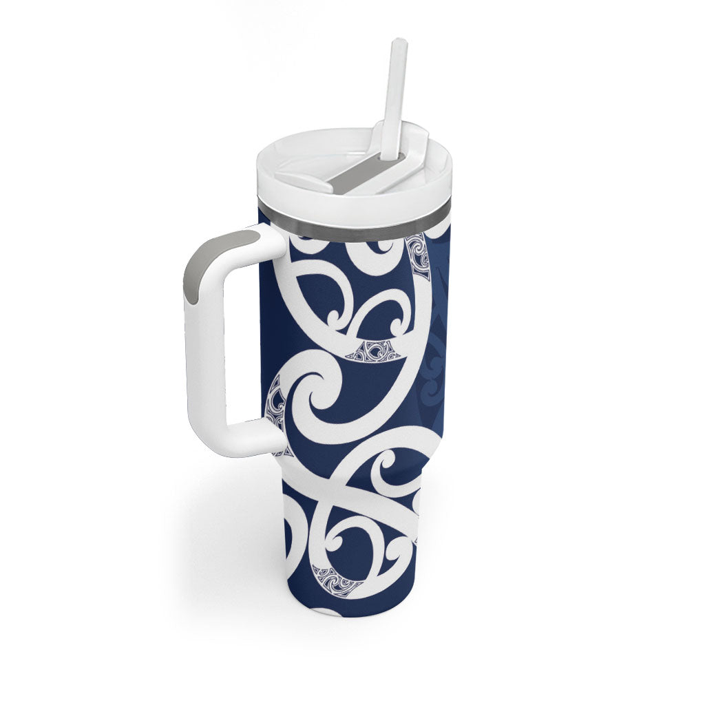 New Zealand Maori Mo Bros Tumbler With Handle Blue Ribbon With Koru Kowhaiwhai