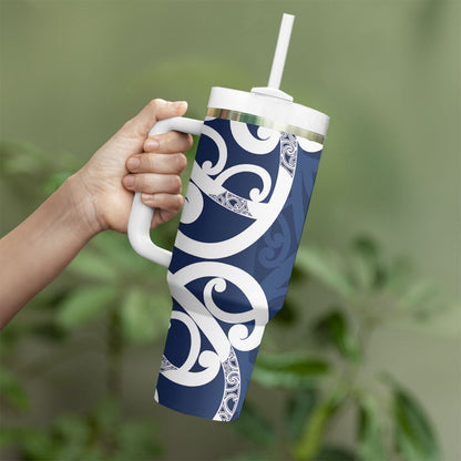 New Zealand Maori Mo Bros Tumbler With Handle Blue Ribbon With Koru Kowhaiwhai