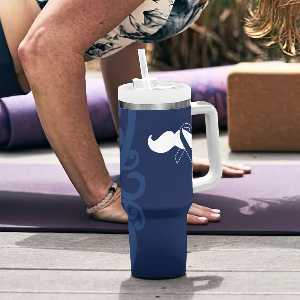 New Zealand Maori Mo Bros Tumbler With Handle Blue Ribbon With Koru Kowhaiwhai