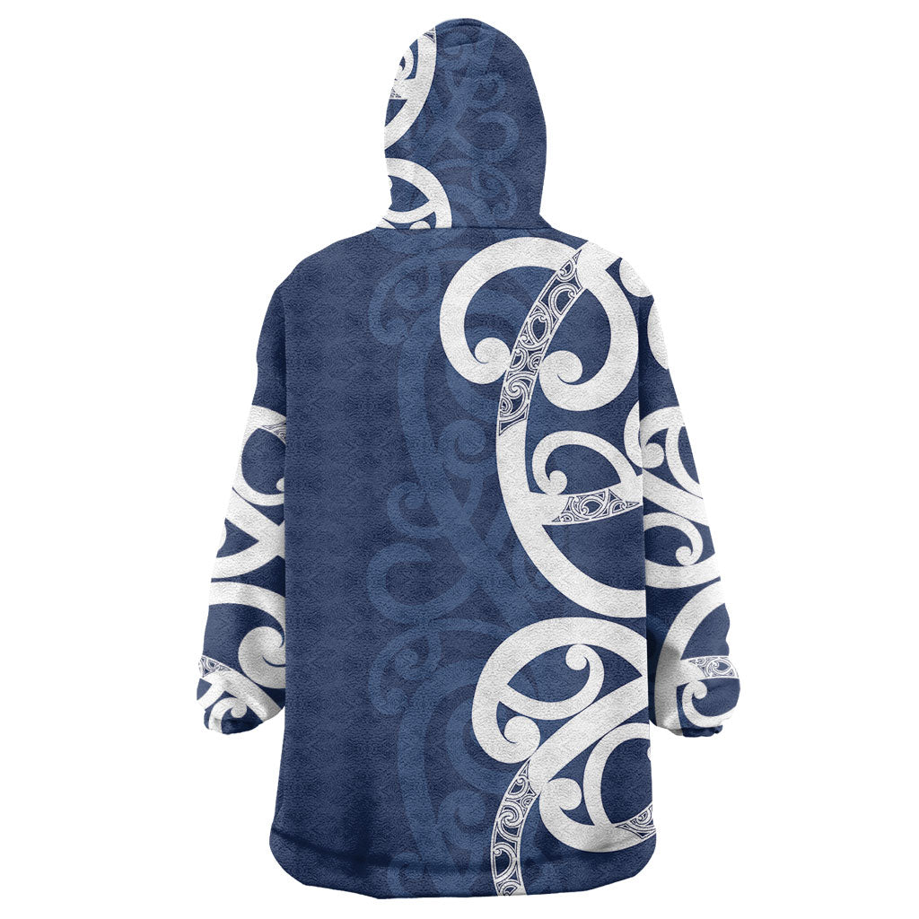 New Zealand Maori Mo Bros Wearable Blanket Hoodie Blue Ribbon With Koru Kowhaiwhai