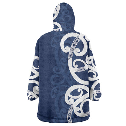 New Zealand Maori Mo Bros Wearable Blanket Hoodie Blue Ribbon With Koru Kowhaiwhai