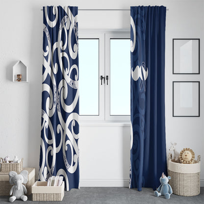 New Zealand Maori Mo Bros Window Curtain Blue Ribbon With Koru Kowhaiwhai