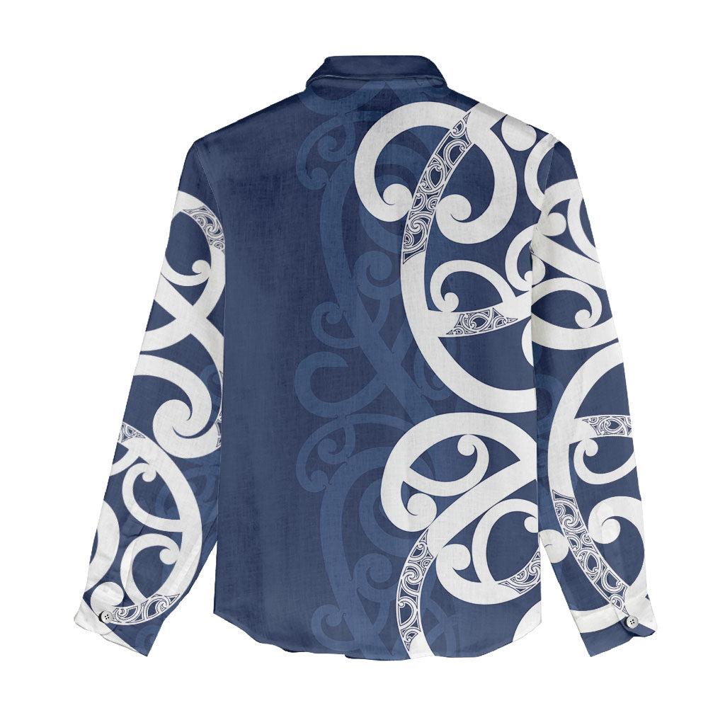 New Zealand Maori Mo Bros Women Casual Shirt Blue Ribbon With Koru Kowhaiwhai