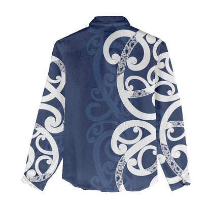 New Zealand Maori Mo Bros Women Casual Shirt Blue Ribbon With Koru Kowhaiwhai
