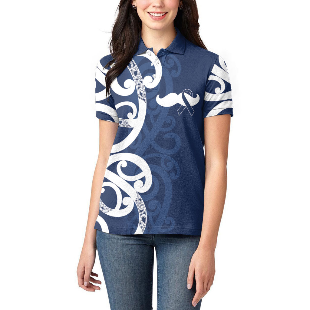New Zealand Maori Mo Bros Women Polo Shirt Blue Ribbon With Koru Kowhaiwhai