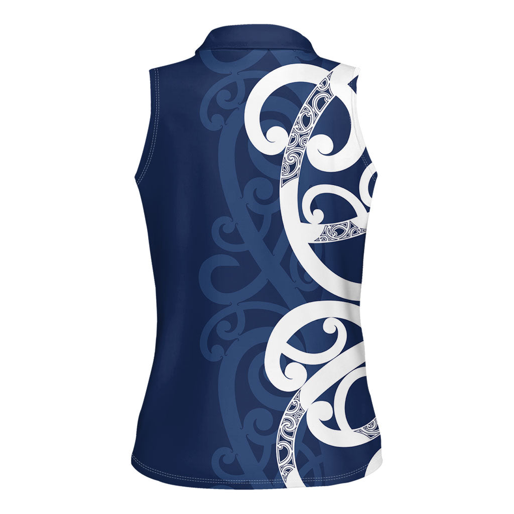New Zealand Maori Mo Bros Women Sleeveless Polo Shirt Blue Ribbon With Koru Kowhaiwhai