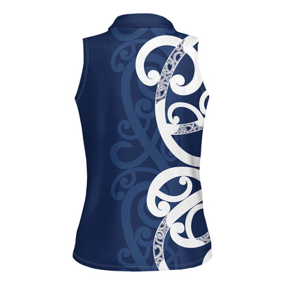 New Zealand Maori Mo Bros Women Sleeveless Polo Shirt Blue Ribbon With Koru Kowhaiwhai