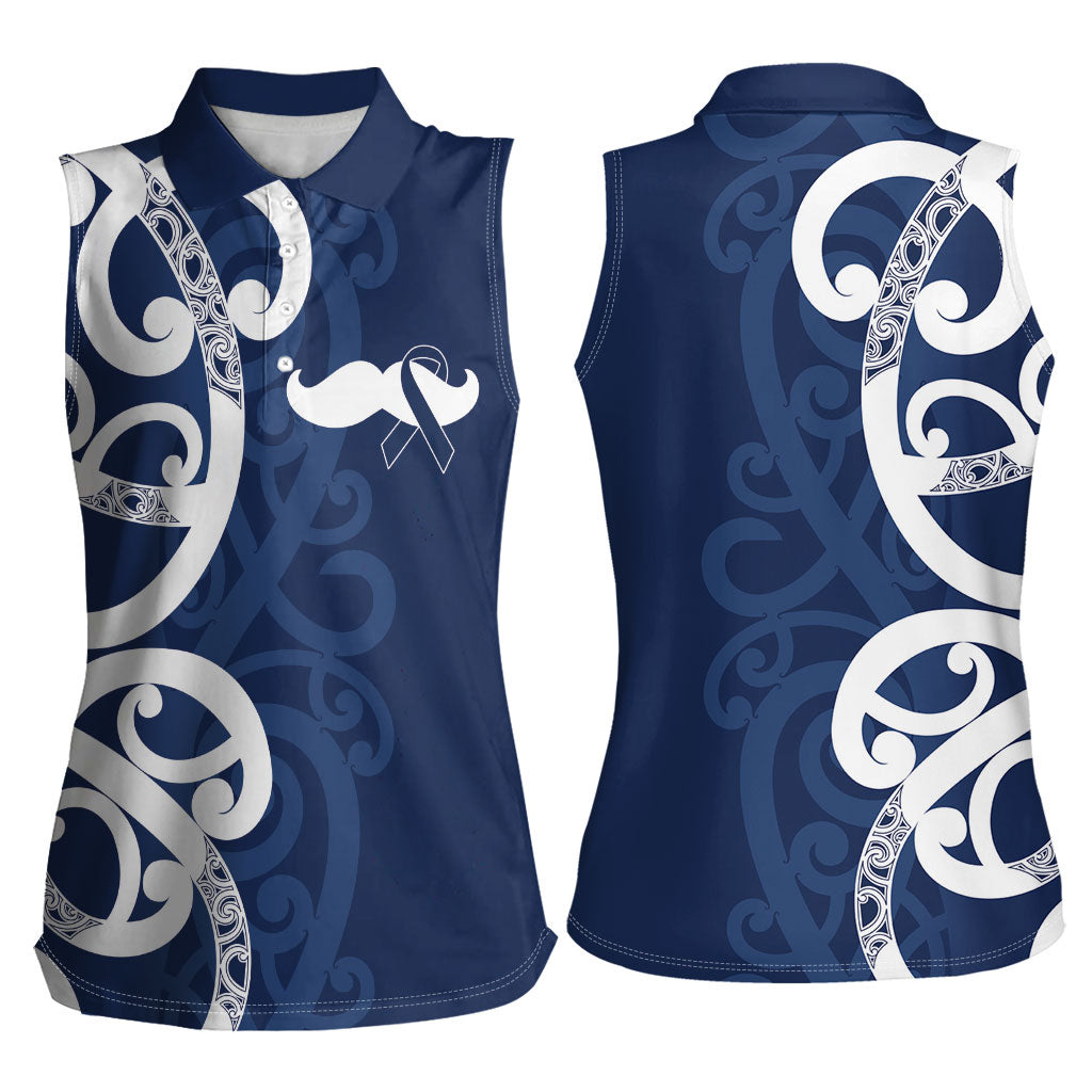 New Zealand Maori Mo Bros Women Sleeveless Polo Shirt Blue Ribbon With Koru Kowhaiwhai