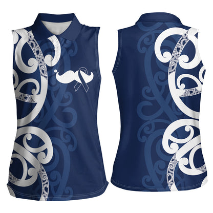New Zealand Maori Mo Bros Women Sleeveless Polo Shirt Blue Ribbon With Koru Kowhaiwhai