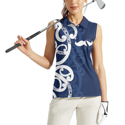New Zealand Maori Mo Bros Women Sleeveless Polo Shirt Blue Ribbon With Koru Kowhaiwhai