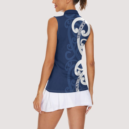 New Zealand Maori Mo Bros Women Sleeveless Polo Shirt Blue Ribbon With Koru Kowhaiwhai