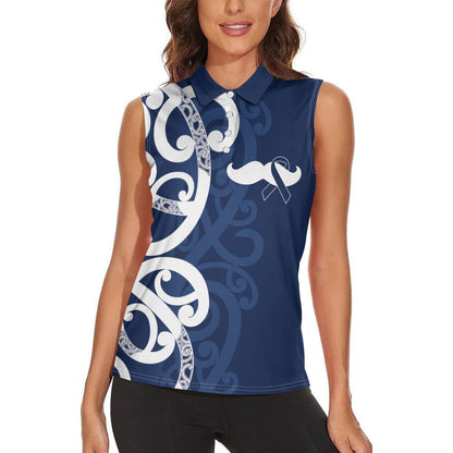 New Zealand Maori Mo Bros Women Sleeveless Polo Shirt Blue Ribbon With Koru Kowhaiwhai