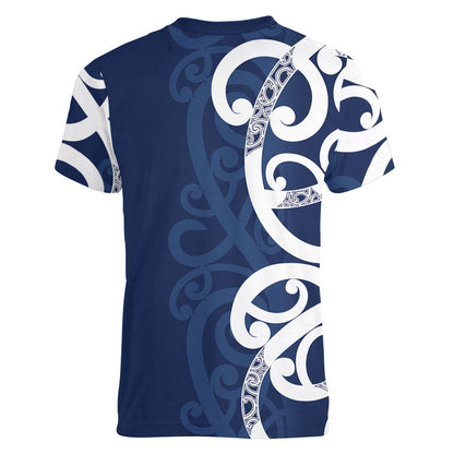 New Zealand Maori Mo Bros Women V-Neck T-Shirt Blue Ribbon With Koru Kowhaiwhai