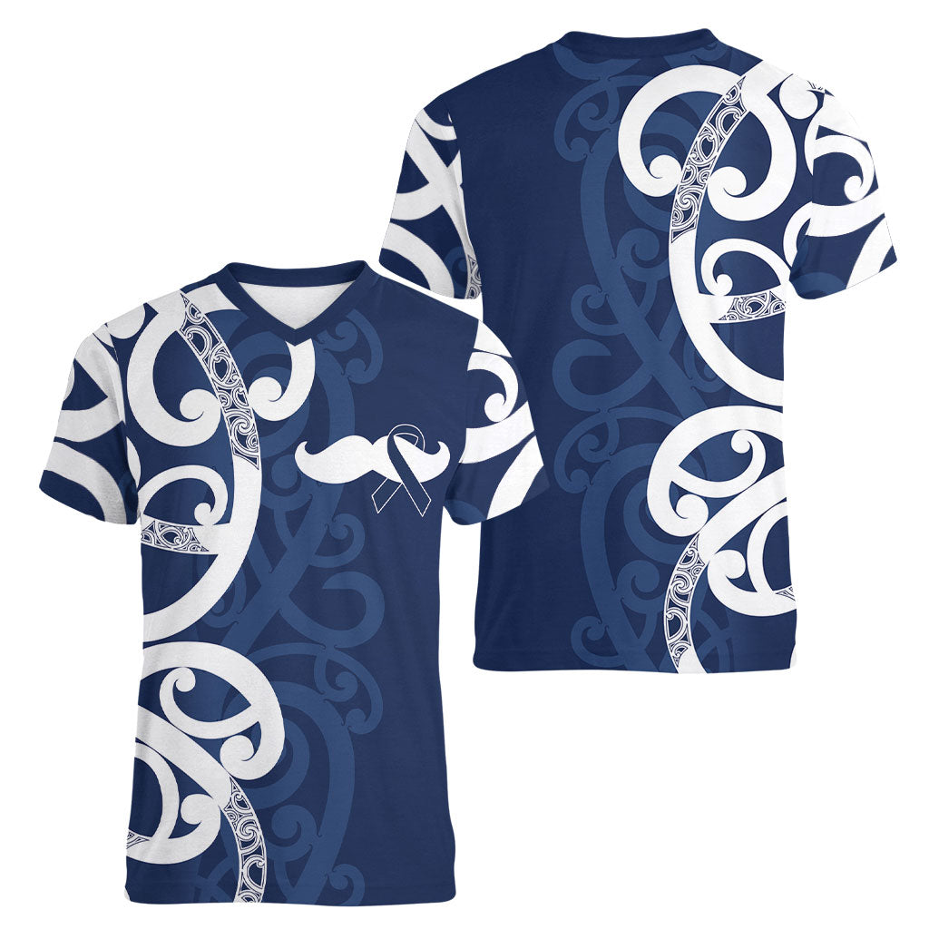 New Zealand Maori Mo Bros Women V-Neck T-Shirt Blue Ribbon With Koru Kowhaiwhai