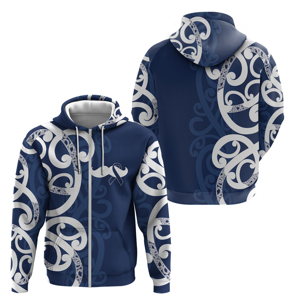 New Zealand Maori Mo Bros Zip Hoodie Blue Ribbon With Koru Kowhaiwhai