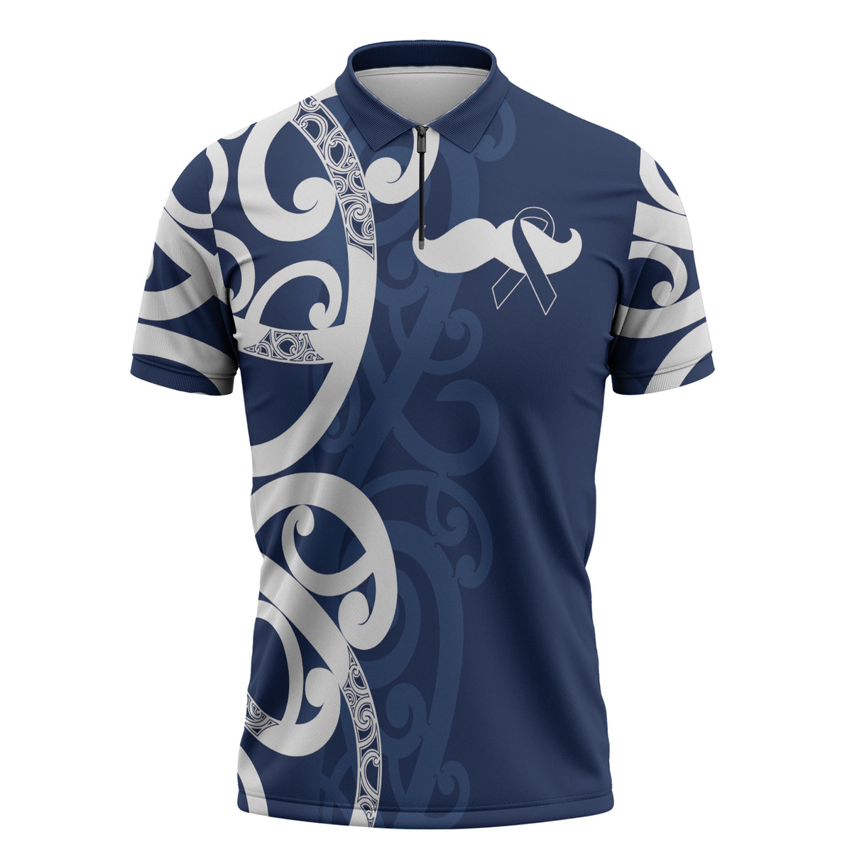 New Zealand Maori Mo Bros Zipper Polo Shirt Blue Ribbon With Koru Kowhaiwhai
