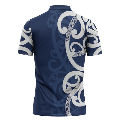 New Zealand Maori Mo Bros Zipper Polo Shirt Blue Ribbon With Koru Kowhaiwhai