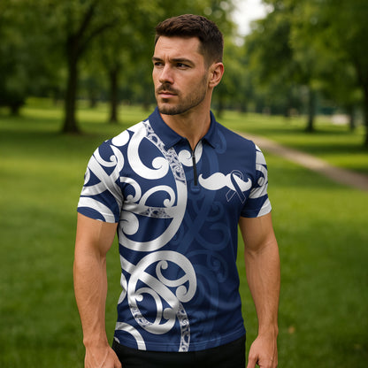 New Zealand Maori Mo Bros Zipper Polo Shirt Blue Ribbon With Koru Kowhaiwhai