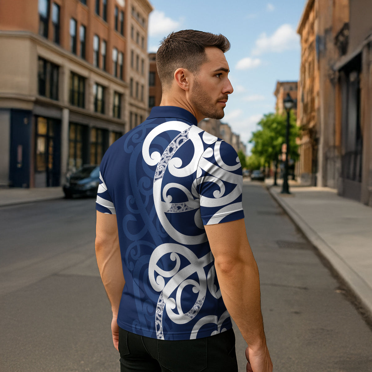 New Zealand Maori Mo Bros Zipper Polo Shirt Blue Ribbon With Koru Kowhaiwhai