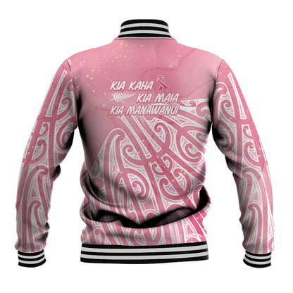 Breast Cancer Pink October Maori Baseball Jacket Kia Kaha Kia Maia Kia Manawanui