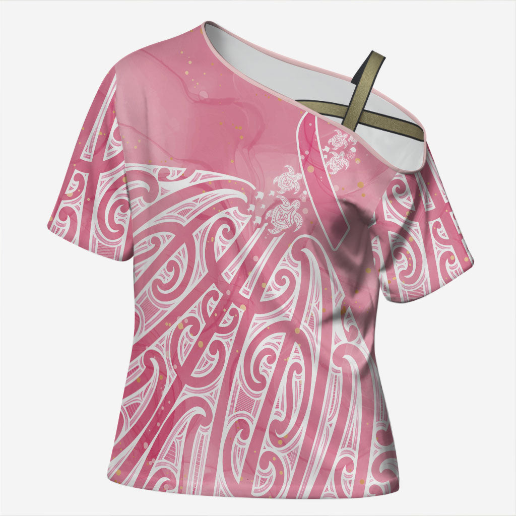 Breast Cancer Pink October Maori Cross Shoulder Shirt Kia Kaha Kia Maia Kia Manawanui