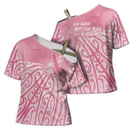 Breast Cancer Pink October Maori Cross Shoulder Shirt Kia Kaha Kia Maia Kia Manawanui