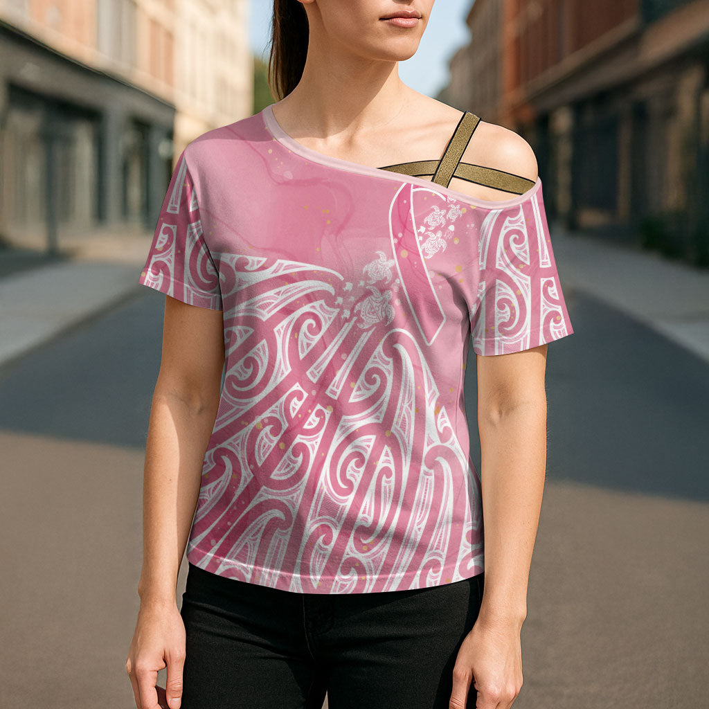 Breast Cancer Pink October Maori Cross Shoulder Shirt Kia Kaha Kia Maia Kia Manawanui