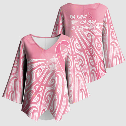 Breast Cancer Pink October Maori Kimono Sleeve Blouse Kia Kaha Kia Maia Kia Manawanui